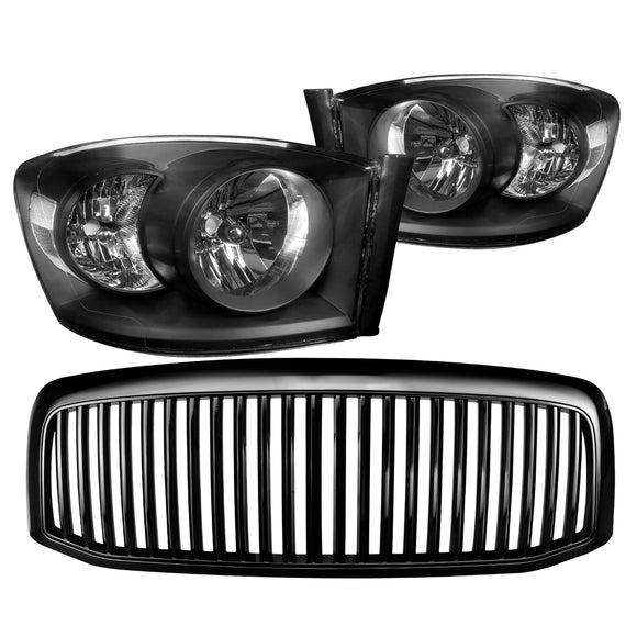 Coolstuffguru Compatible with Dodge Ram 1500 2500 3500 Black Crystal Headlights+Vertical Hood Grille