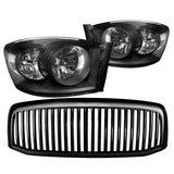 Coolstuffguru Compatible with Dodge Ram 1500 2500 3500 Black Crystal Headlights+Vertical Hood Grille