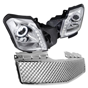 Coolstuffguru Compatible with 03-07 CTS SMD LED HALO PROJECTOR HEADLIGHTS+HONEYCOMB ABS HOOD GRILLE CHROME