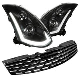 Coolstuffguru Compatible with 03-07 G35 Coupe Black Headlights w/LED DRL Sequential Signal+Hood Grille