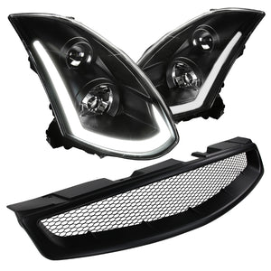 Coolstuffguru Compatible with 03-07 G35 Coupe Black Headlights W/LED DRL Sequential Signal+ Mesh Grill