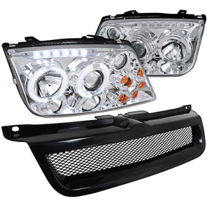 Coolstuffguru Compatible with VW Jetta Chrome Halo LED DRL Projector Headlights+Black Mesh Hood Grill