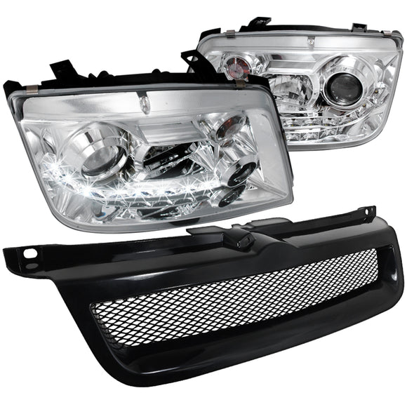 Coolstuffguru Compatible with VW Jetta Chrome R8 LED DRL Projector Headlights+Black Mesh Hood Grill