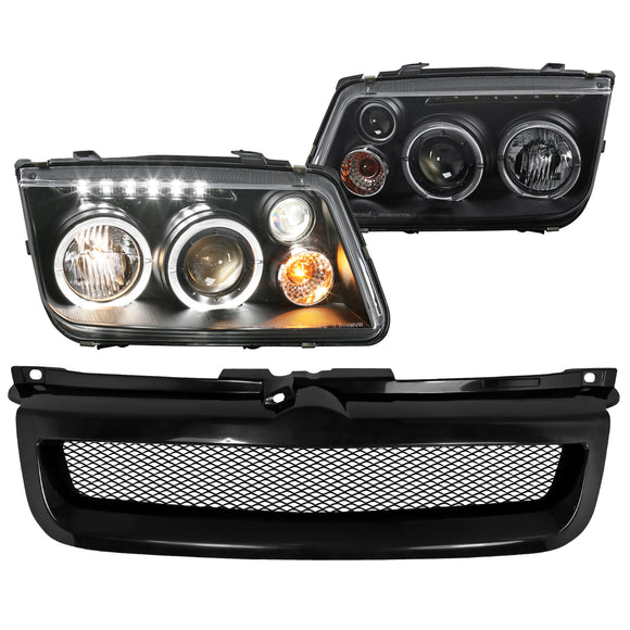 Coolstuffguru Compatible with Volkswagen VW Jetta Mk4, Black Halo Projector Headlights, Black Mesh Front G