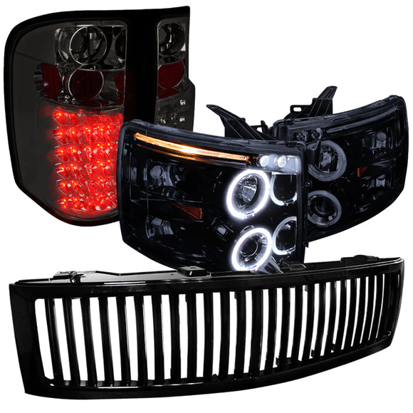 Coolstuffguru Compatible with PIANO BLACK 07-13 SILVERADO 1500 HALO PROJECTOR HEADLIGHT+GRILL+SMOKE TAIL L