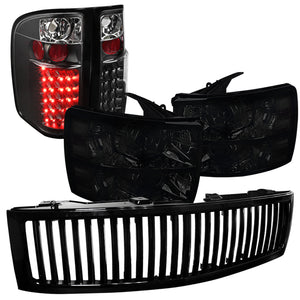 Coolstuffguru Compatible with 07-12 Chevy Silverado Black Vertical Grill+LED Tail Lights+Smoked Headlights