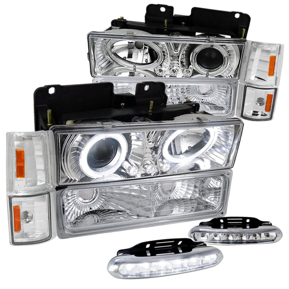 Coolstuffguru Compatible with GMC C/K C10 Halo Led Chrome Projector Headlights, Bumper Lights, Led Fog Lam