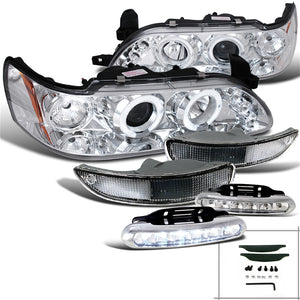 Coolstuffguru Compatible with Toyota Corolla, Chrome Halo Projector Headlights, Chrome Bumper Lights, LED