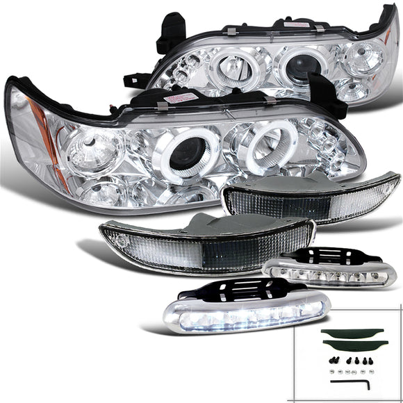 Coolstuffguru Compatible with Toyota Corolla, Chrome Halo Projector Headlights, Chrome Bumper Lights, LED
