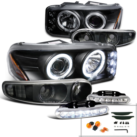 Coolstuffguru Compatible with GMC Denali Projector Headlights+Bumper Lamp+LED Running Fog Lamps Black