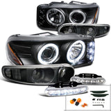 Coolstuffguru Compatible with GMC Denali Projector Headlights+Bumper Lamp+LED Running Fog Lamps Black