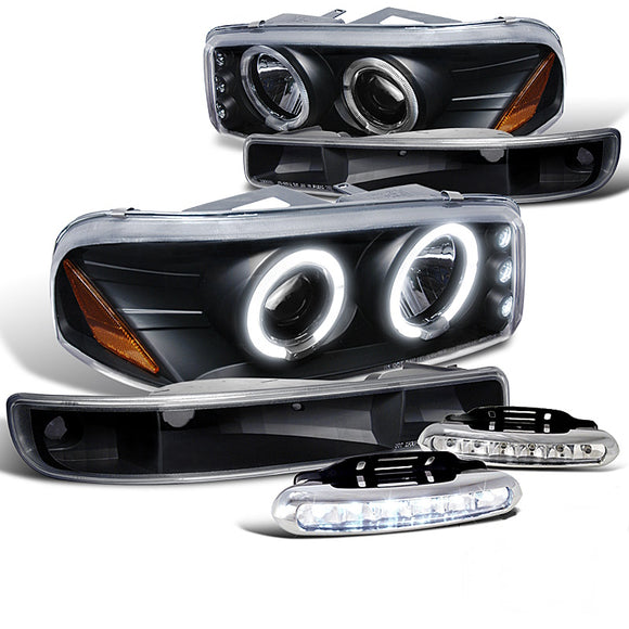 Coolstuffguru Compatible with Gmc Sierra, Yukon Xl Slt, Black Projector Headlights, Bumper Lights, Led Drl