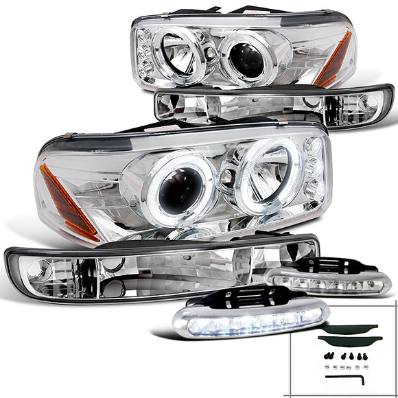 Coolstuffguru Compatible with Gmc Yukon Xl Slt Chrome Halo Led Proj Headlights, Bumper Lights, Drl Fog Lam