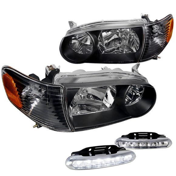 Coolstuffguru Compatible with Toyota Corolla S Le Ce Black Headlights, Black Corner Lights, Led Drl Fog La