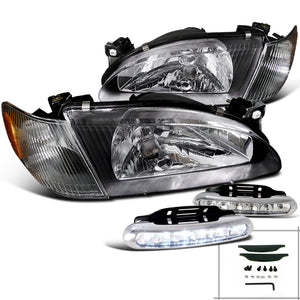 Coolstuffguru Compatible with Corolla Black Crystal Headlights w/Corner Signal+LED Daytime Fog Lamps