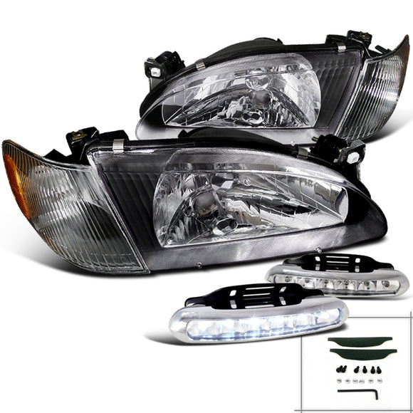 Coolstuffguru Compatible with Corolla Black Crystal Headlights w/Corner Signal+LED Daytime Fog Lamps