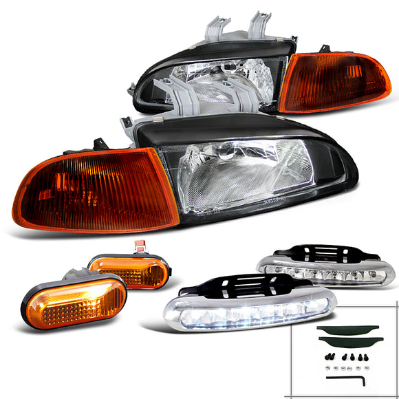 Coolstuffguru Compatible with Civic Black Headlight+Amber Corner Signal+Side Marker+LED DRL Fog Lamp