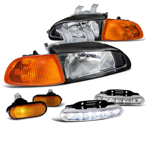 Coolstuffguru Compatible with Honda Civic Black Headlight+Smoke Amber Corner Light+Side Marker+LED DRL