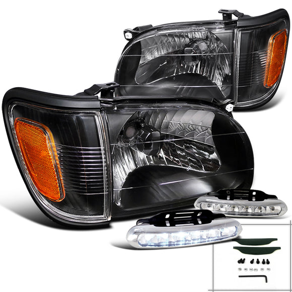 Coolstuffguru Compatible with Toyota Tacoma Black Headlights+Turn Signal+LED Running Fog Lamps