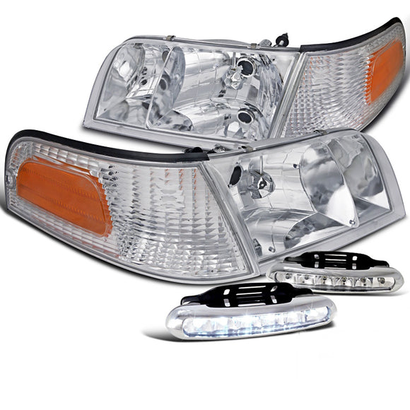 Coolstuffguru Compatible with Crown Victoria Chrome Headlights w/ Corner Lamps+6-LED 6000K DRL Lamps