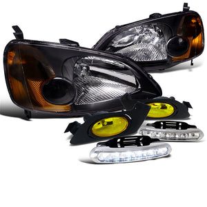 Coolstuffguru Compatible with Honda Civic 2/4 Door Black Headlights+Yellow Fog Lights+LED DRL Lamps