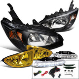 Coolstuffguru Compatible with Honda Civic JDM Black Headlight+Yellow Fog Lamp+Bumper Light LED DRL 6000K