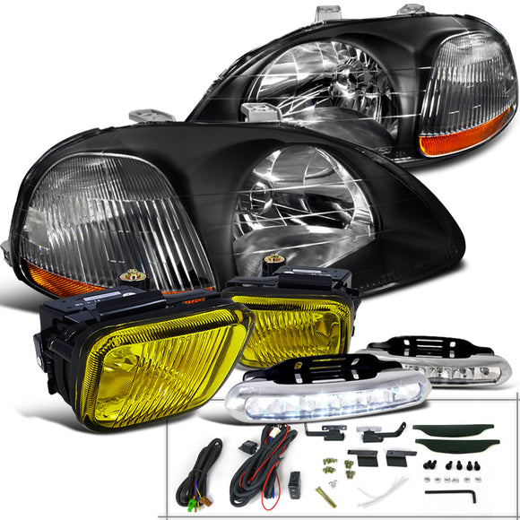 Coolstuffguru Compatible with Honda Civic JDM Black Headlight+Yellow Fog Lamp+Bumper Light 6-LED DRL 6000K