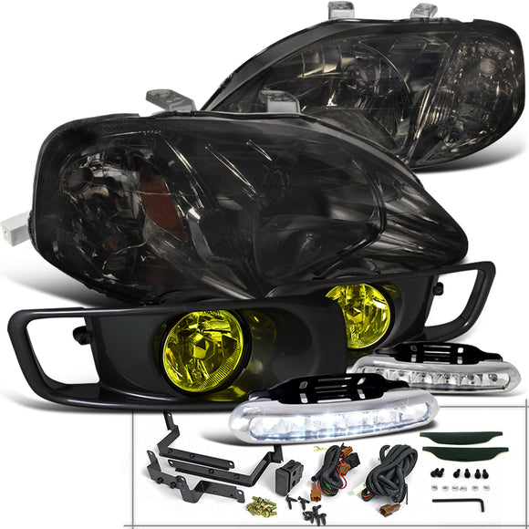 Coolstuffguru Compatible with Civic JDM Coupe Sedan Smoked Headlight+Yellow Fog Lamp+LED DRL White