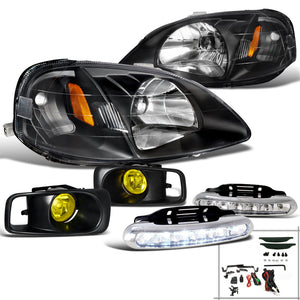 Coolstuffguru Compatible with Honda Civic Coupe Sedan Black Headlight+Yellow Fog Lamp+LED White DRL