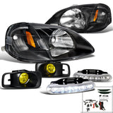 Coolstuffguru Compatible with Honda Civic Coupe Sedan Black Headlight+Yellow Fog Lamp+LED White DRL