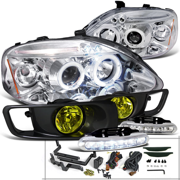 Coolstuffguru Compatible with Honda Civic Chrome Projector Headlights+Yellow Bumper Fog Lamp+6-LED DRL 600