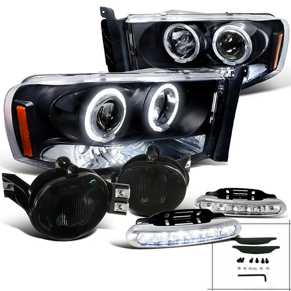 Coolstuffguru Compatible with Dodge Ram 1500 Projector Black Headlights+Smoke Fog Lamps+DRL LED Bumper Lig
