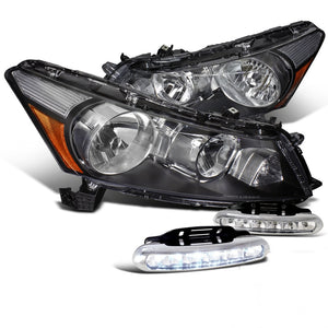 Coolstuffguru Compatible with Honda Accord 4Dr Sedan JDM Crystal Black Headlights+LED Fog Bumper DRL