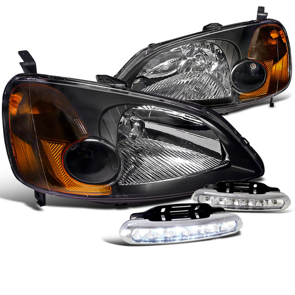 Coolstuffguru Compatible with Honda Civic Black Crystal Headlight Replacement Pair+DRL 6-LED Bumper Fog La