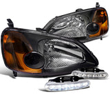 Coolstuffguru Compatible with Honda Civic Black Crystal Headlight Replacement Pair+DRL 6-LED Bumper Fog La