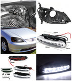 Coolstuffguru Compatible with Honda Civic Black Crystal Headlight Replacement Pair+DRL 6-LED Bumper Fog La