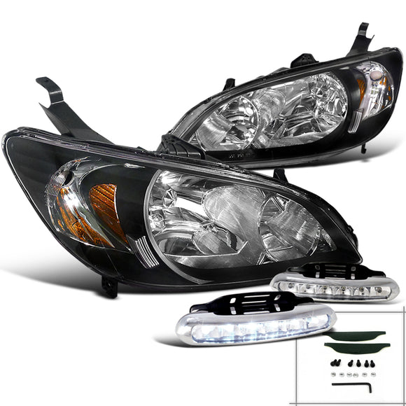 Coolstuffguru Compatible with Honda Civic Black Crystal Headlight+Corner Light+DRL 6-LED 6000K Bumper Fog
