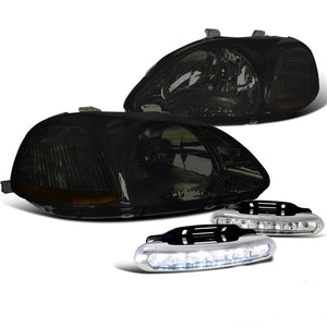 Coolstuffguru Compatible with Civic JDM Smoke Headlights Replacement Pair w/White LED Daytime Fog Lamps
