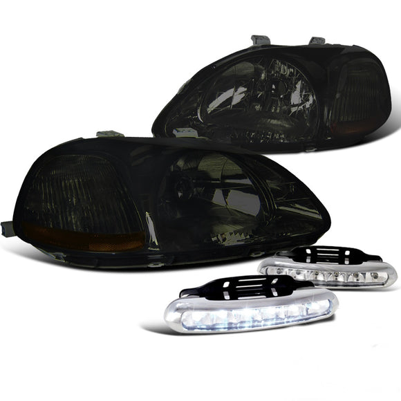 Coolstuffguru Compatible with Civic JDM Smoke Headlights Replacement Pair w/White LED Daytime Fog Lamps