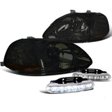 Coolstuffguru Compatible with Civic JDM Smoke Headlights Replacement Pair w/White LED Daytime Fog Lamps