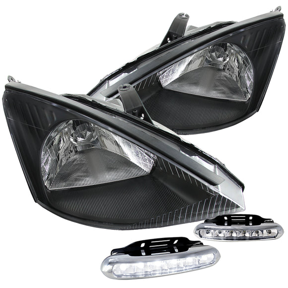 Coolstuffguru Compatible with Ford Focus Black Diamond Headlights Head Lamps+LED DRL Fog Lamps