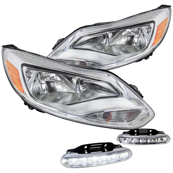 Coolstuffguru Compatible with Ford Focus S SE Titanium Euro Chrome Clear Amber Headlights+LED Fog