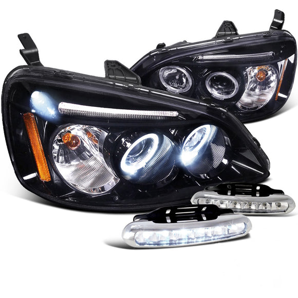 Coolstuffguru Compatible with Glossy Black Civic Halo Projector Headlights+LED DRL Bumper Fog Lamps
