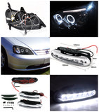 Coolstuffguru Compatible with Glossy Black Civic Halo Projector Headlights+LED DRL Bumper Fog Lamps