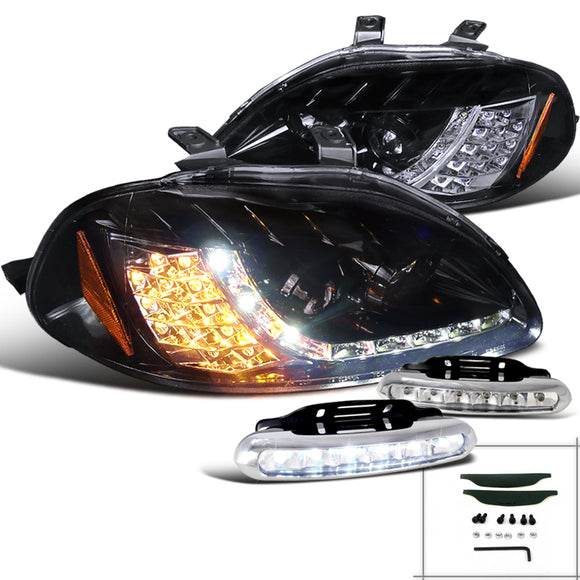 Coolstuffguru Compatible with Glossy Black Civic R8 LED Signal Projector Headlights+LED DRL Fog Lamps
