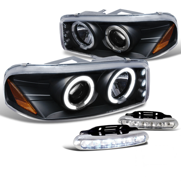 Coolstuffguru Compatible with GMC Yukon Denali XL Halo Black LED Projector Headlights W/LED Fog Lamp