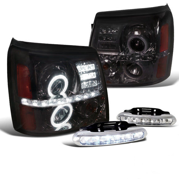 Coolstuffguru Compatible with Escalade Smoke R8 Style Halo Projector Headlights+LED DRL Fog Bumper Lamps