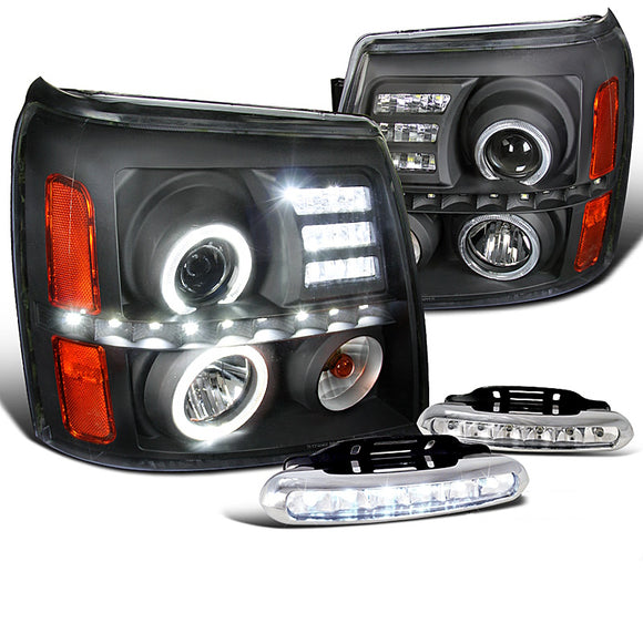 Coolstuffguru Compatible with Escalade Black R8 Style Halo Projector Headlights+LED DRL Fog Bumper Lamps