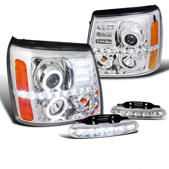 Coolstuffguru Compatible with Escalade Chrome R8 Style Halo Projector Headlights+LED DRL Fog Bumper Lamps