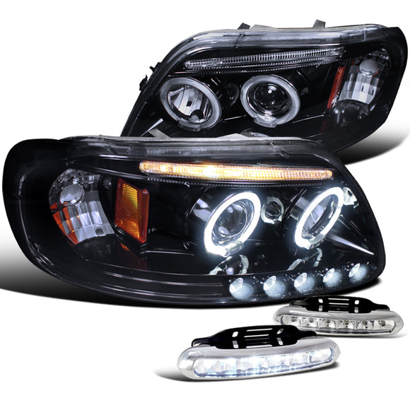 Coolstuffguru Compatible with Glossy Black 97-03 F150 Dual Halo Projector Headlights+Led Drl Driving Fog L